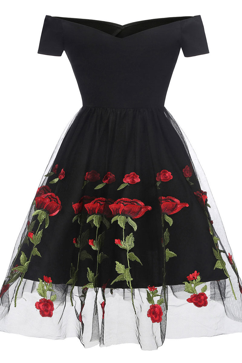 Rose Embroidered Off-Shoulder Tulle A-Line Dress