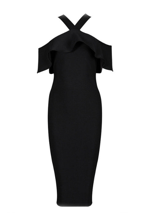 Off-Shoulder Cross-Halter Ruffle Bodycon Midi Dress