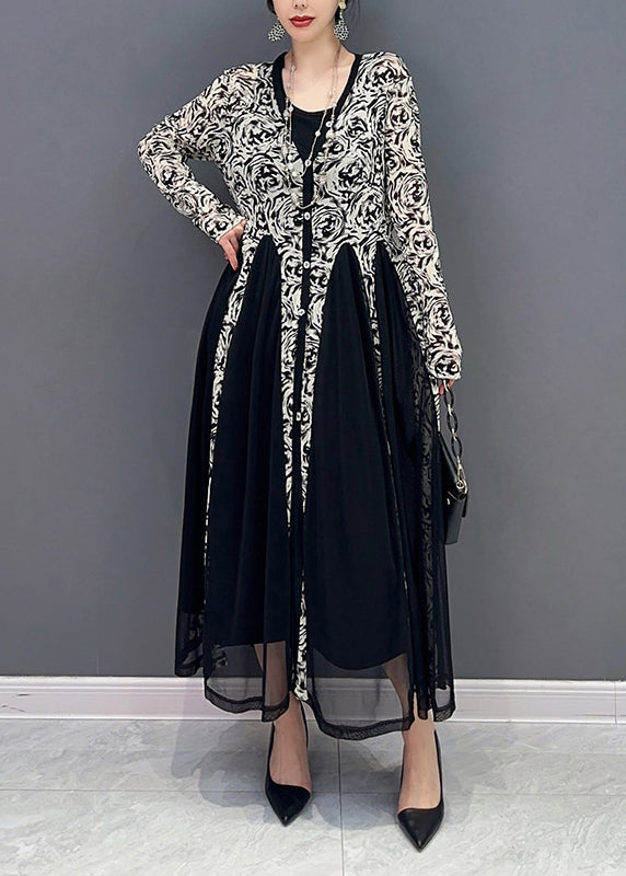 Black Patchwork Button Tulle Long Dresses Long Sleeve - View 3