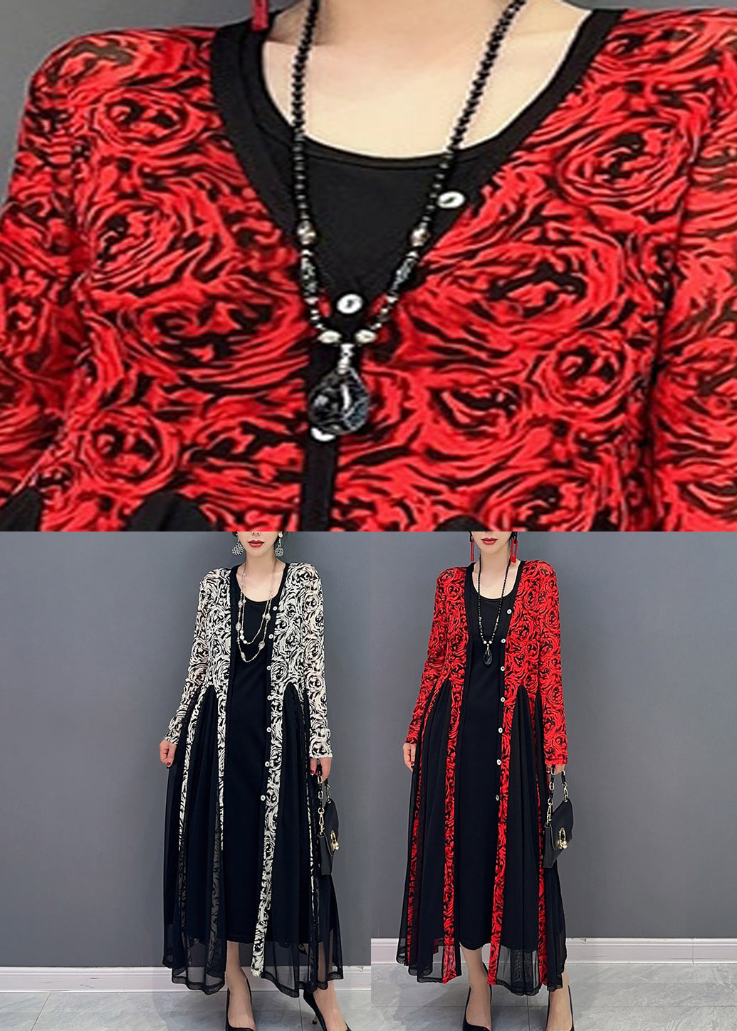 Black Patchwork Button Tulle Long Dresses Long Sleeve - View 5