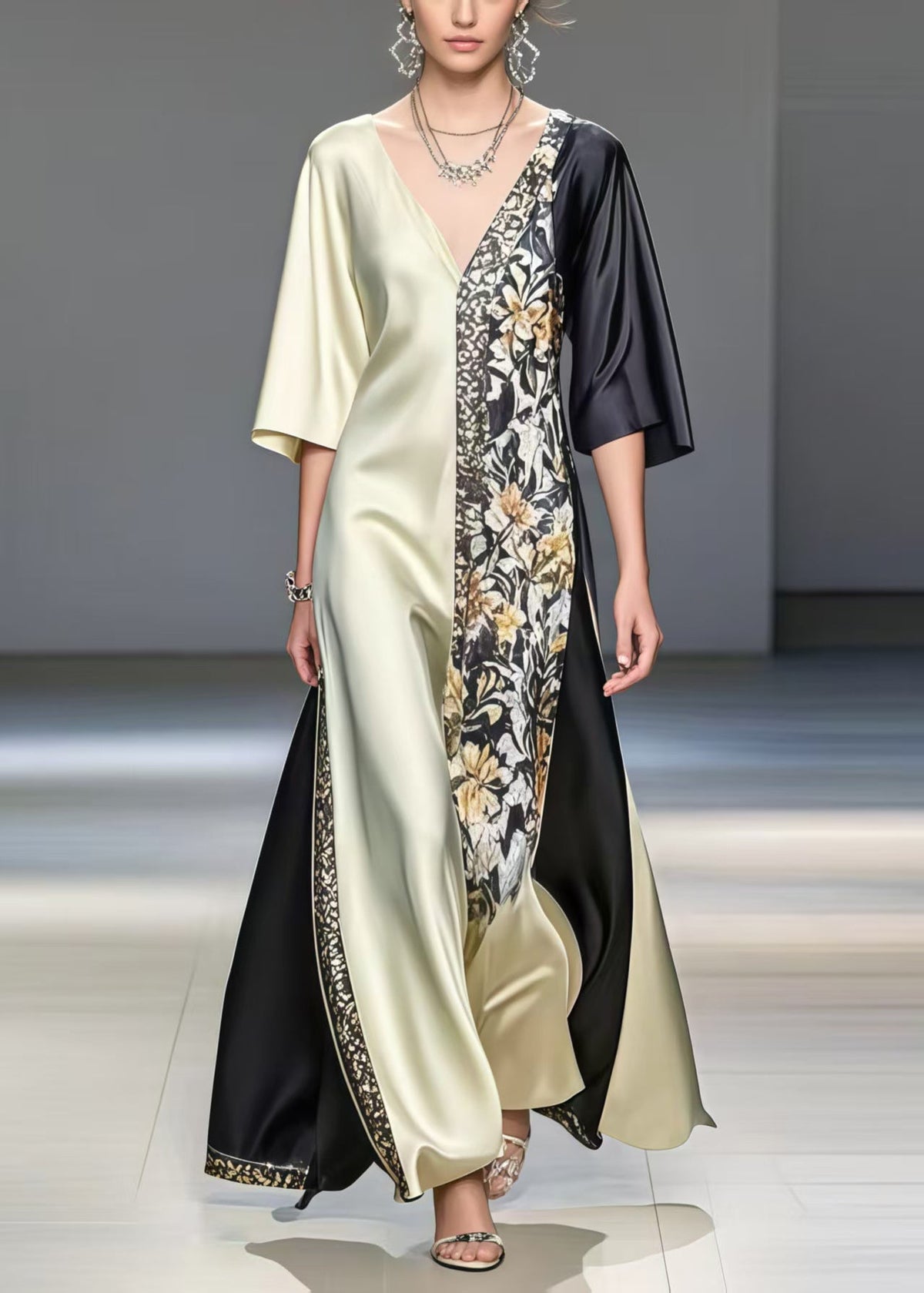 Satin Deep V-Neck Color Block Floral Panel Asymmetrical Maxi Gown - View 3