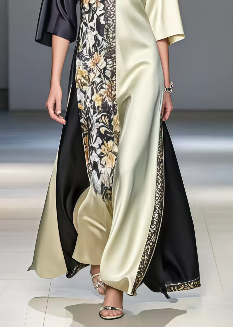 Satin Deep V-Neck Color Block Floral Panel Asymmetrical Maxi Gown - View 4