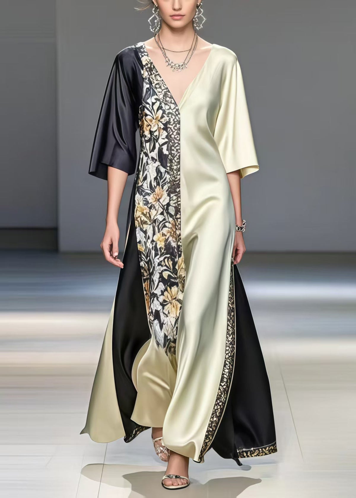 Satin Deep V-Neck Color Block Floral Panel Asymmetrical Maxi Gown - View 5