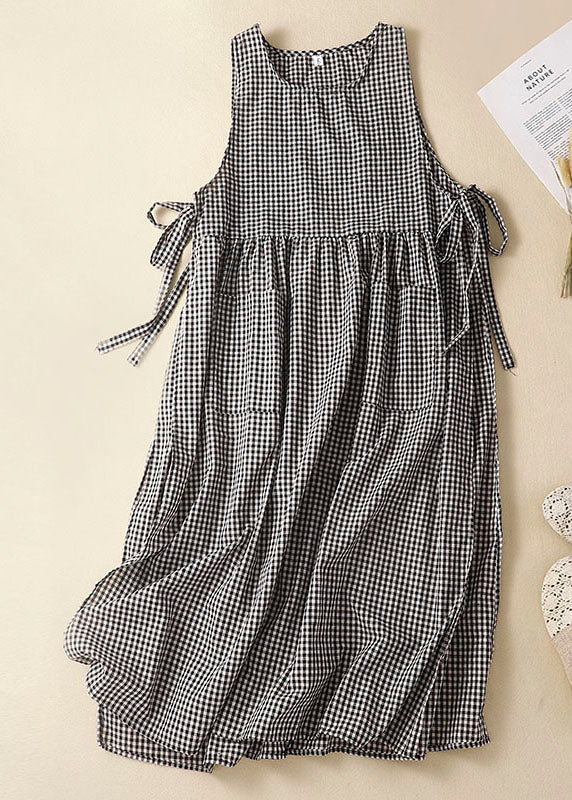 Gingham Check Empire Waist Side Tie Patch Pocket Sleeveless Midi Dress