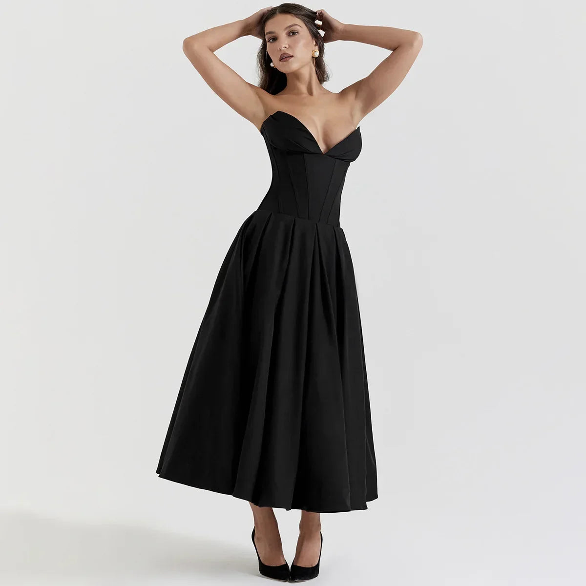 Black Plunge Corset Midi Dress - Fashionpara