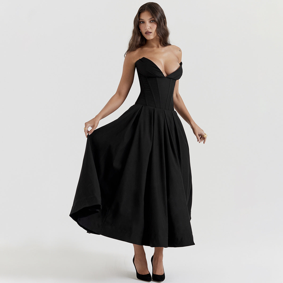 Black Plunge Corset Midi Dress - Fashionpara