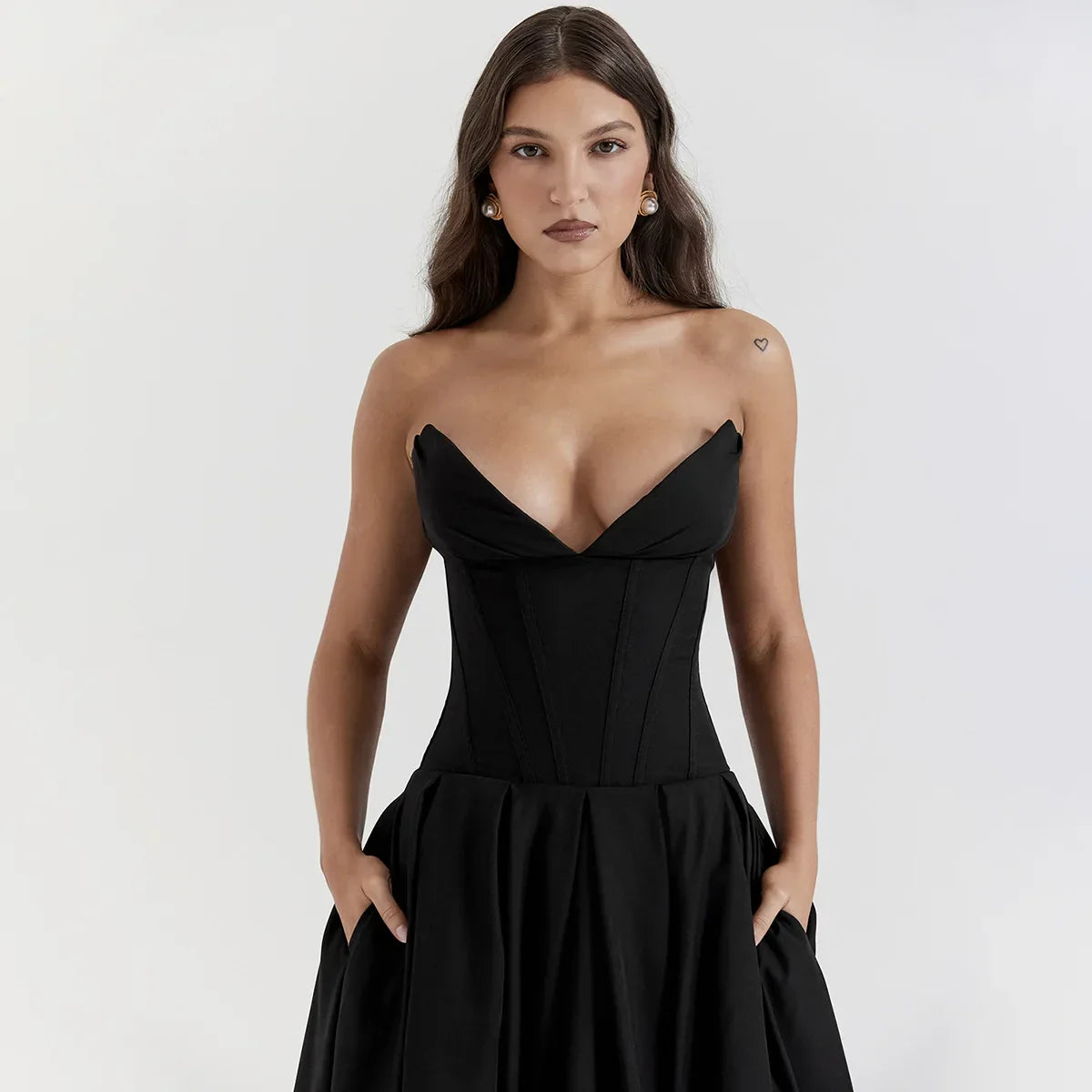 Black Plunge Corset Midi Dress - Fashionpara