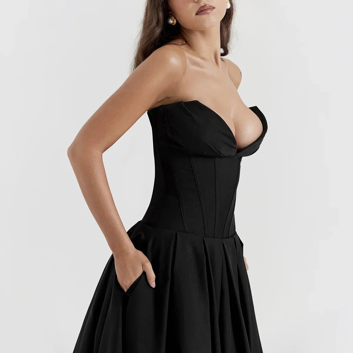 Black Plunge Corset Midi Dress - Fashionpara
