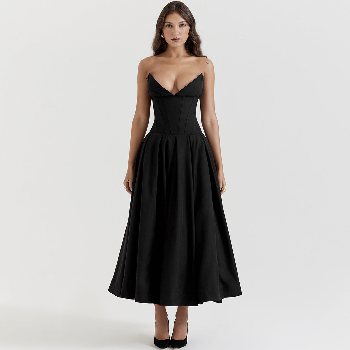 Black Plunge Corset Midi Dress - Fashionpara