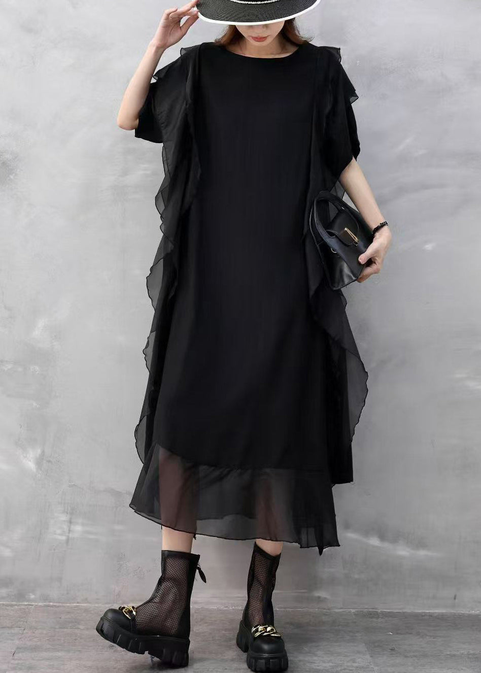 Sleeveless Chiffon Round Neck Side Ruffle Layered Hem Midi Dress - View 2
