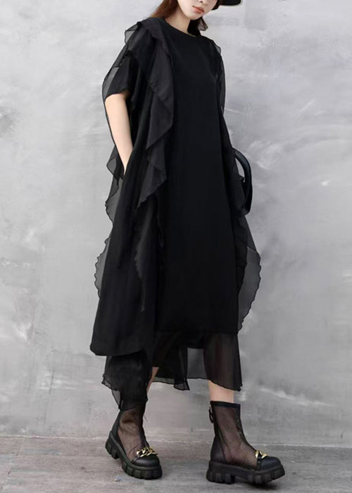 Sleeveless Chiffon Round Neck Side Ruffle Layered Hem Midi Dress - View 3