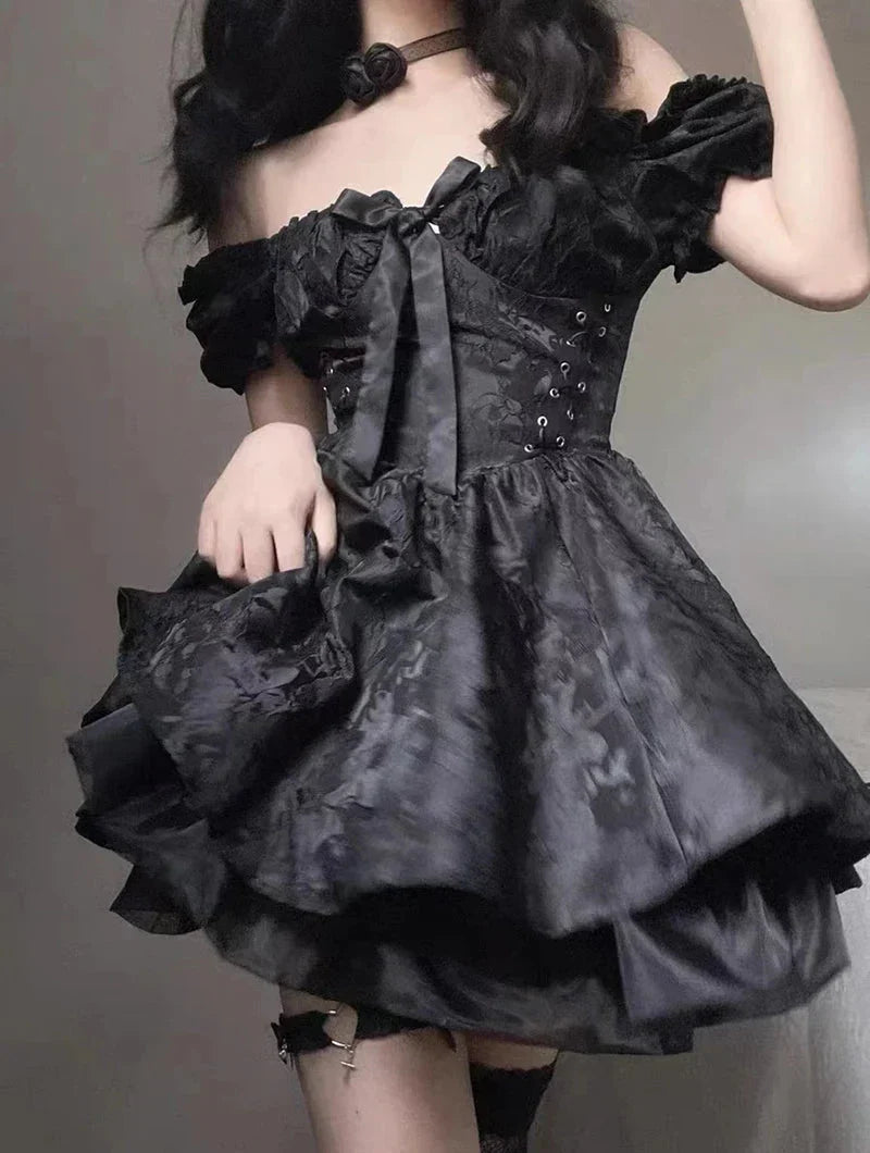 Jacquard Off-Shoulder Puff Sleeve Lace-Up Tiered Mini Dress 3