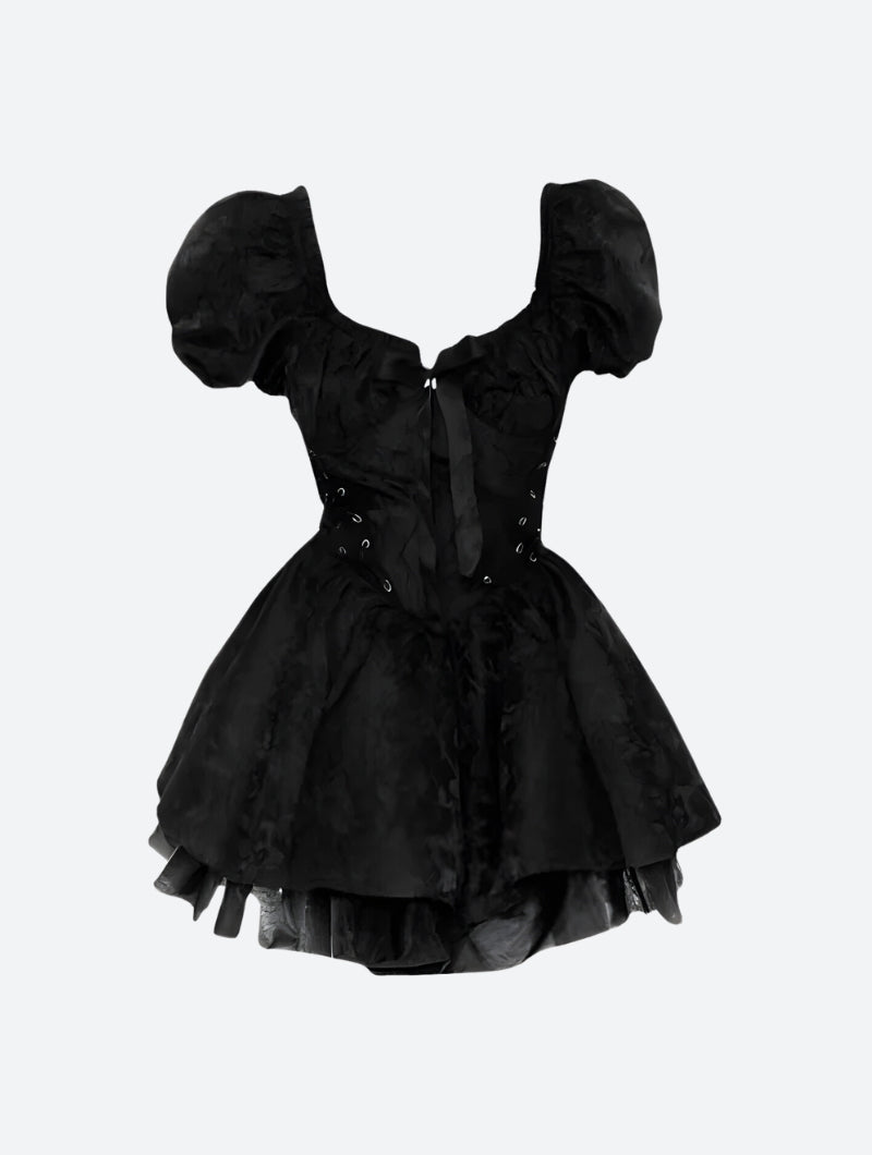 Jacquard Off-Shoulder Puff Sleeve Lace-Up Tiered Mini Dress 4