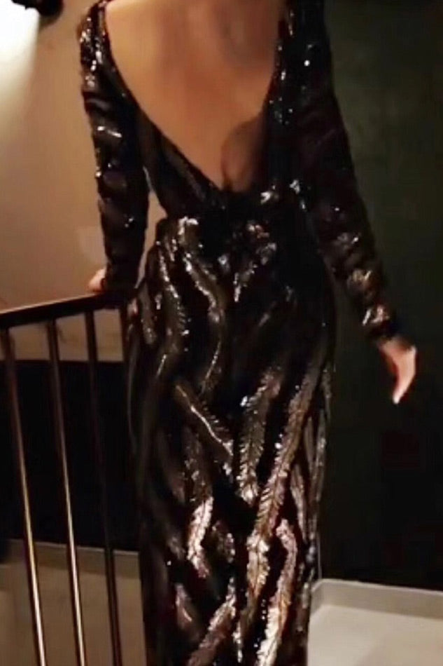 Feather Sequin Long Sleeve High-Slit Maxi Gown