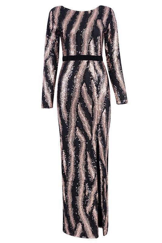 Feather Sequin Long Sleeve High-Slit Maxi Gown