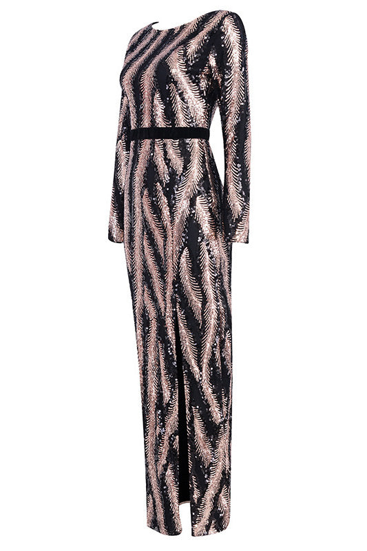 Feather Sequin Long Sleeve High-Slit Maxi Gown
