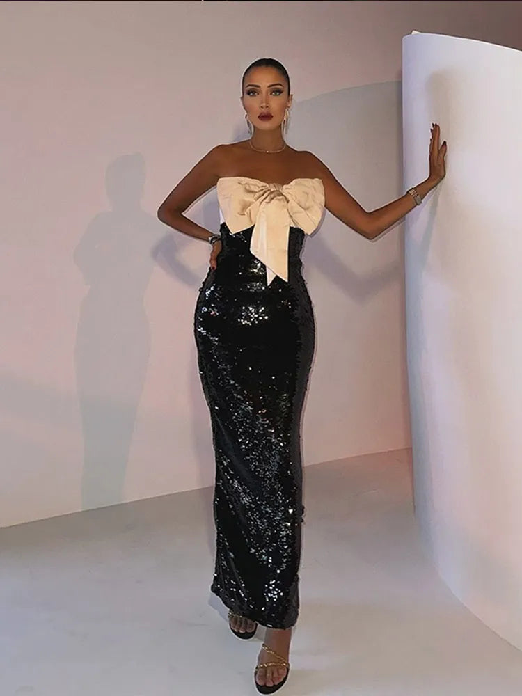 Sequin Strapless Bow Front Mermaid Gown