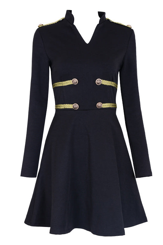 High-Neck Long Sleeve Military Button Mini Dress