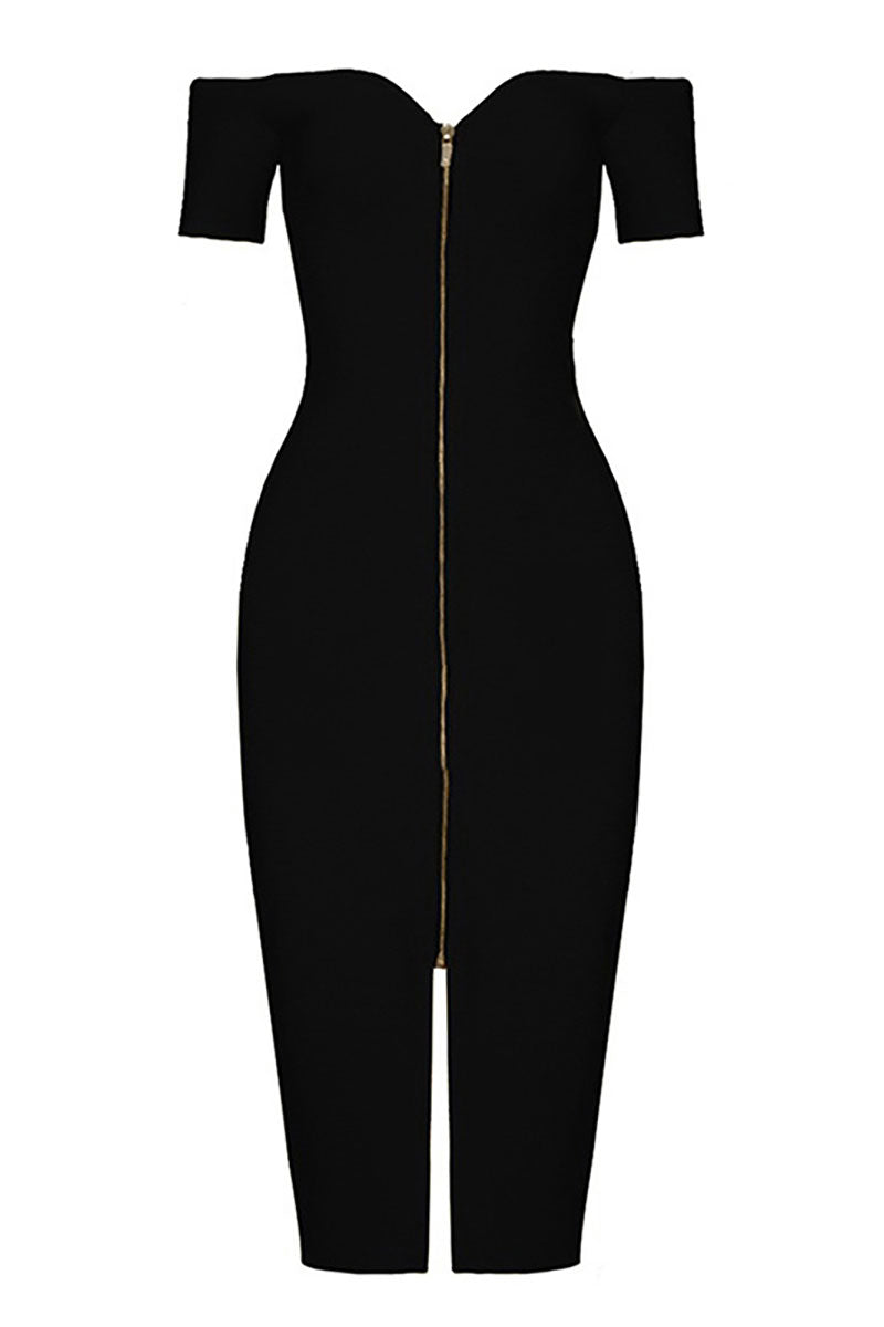 Black Sexy Bandage Slit Prom Dress With Short Sleeves