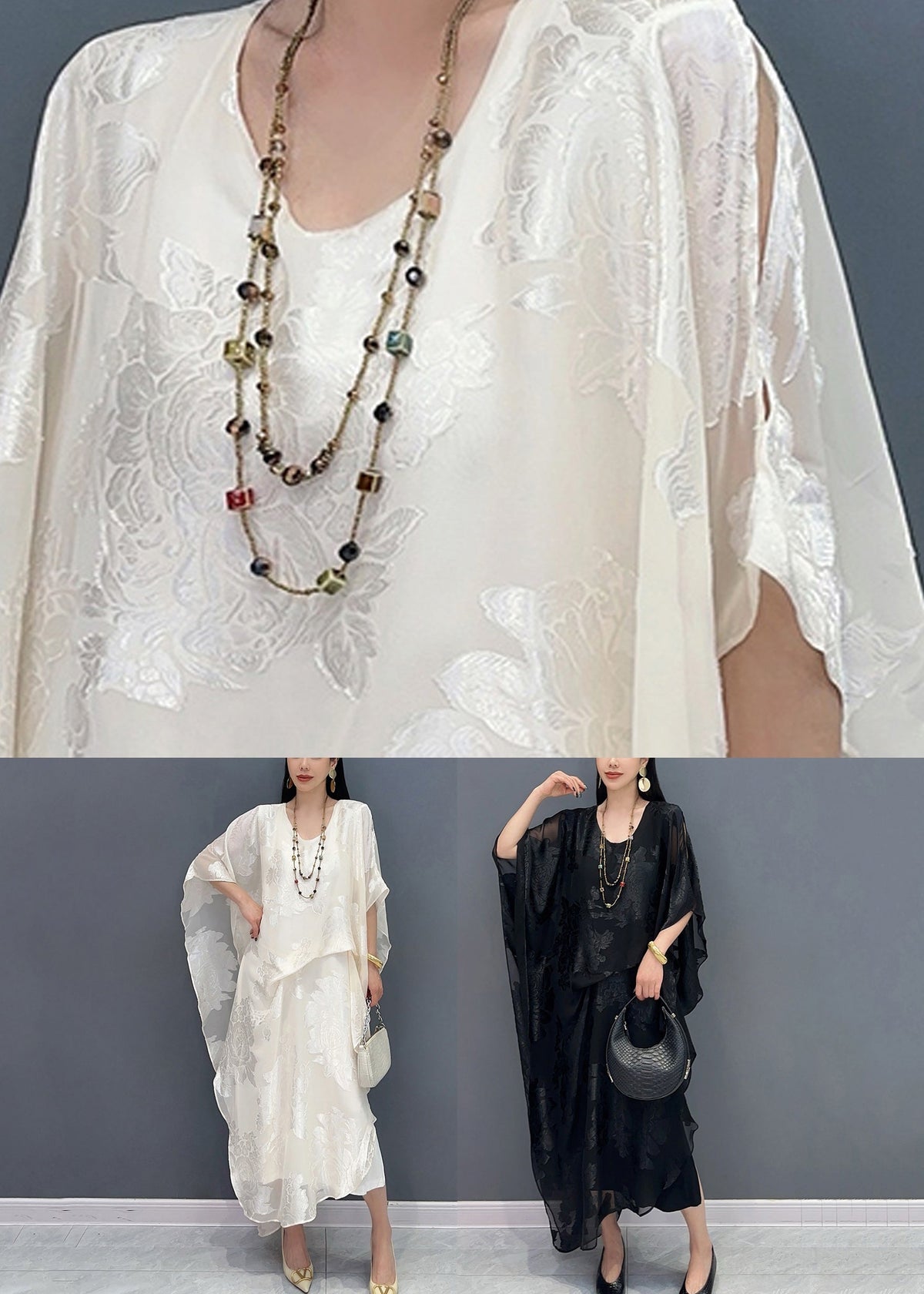 Floral Burnout Sheer V-Neck Batwing Sleeve Kaftan Maxi Dress - View 5