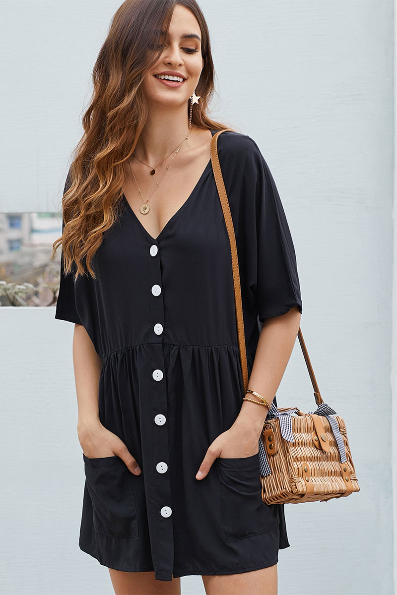Black Single Breasted Mini Dress With Pockets