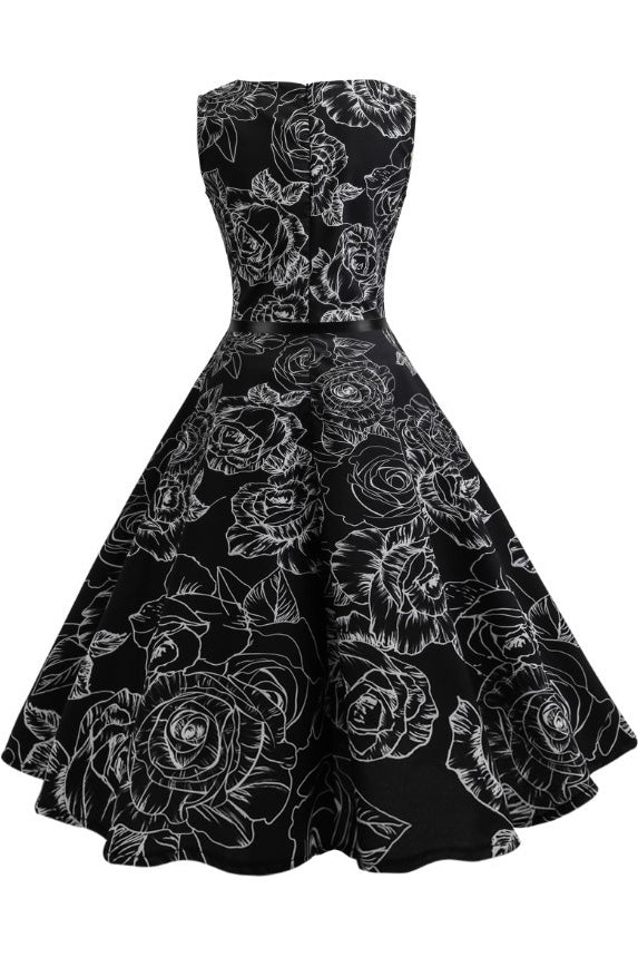 Black Sleeveless Belted Boatneck A-line Dress - Mislish