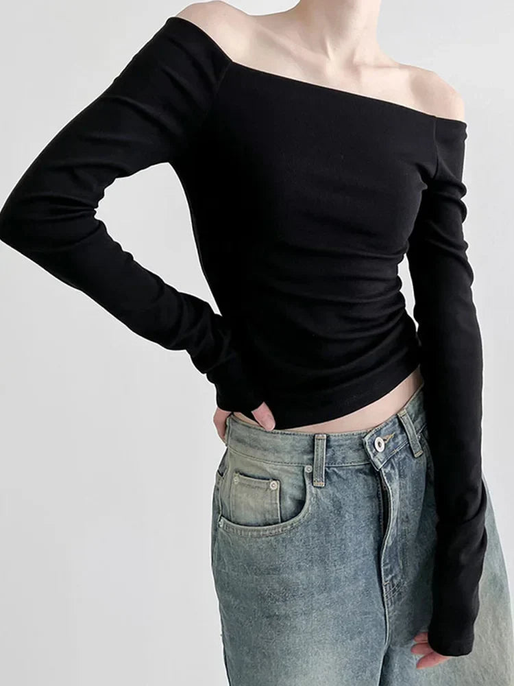 Black Slash Neck Elegant Long Sleeve Slim Knit Top