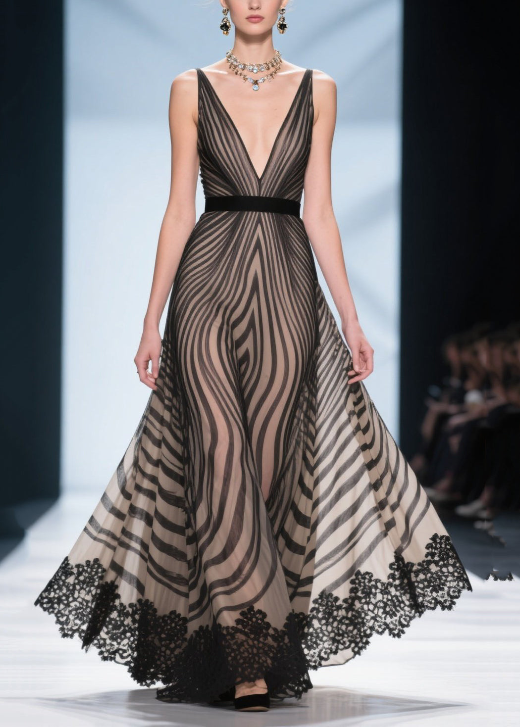 Wavy Stripe Print Deep V-Neck Spaghetti Strap Lace Trim Hem Maxi Gown