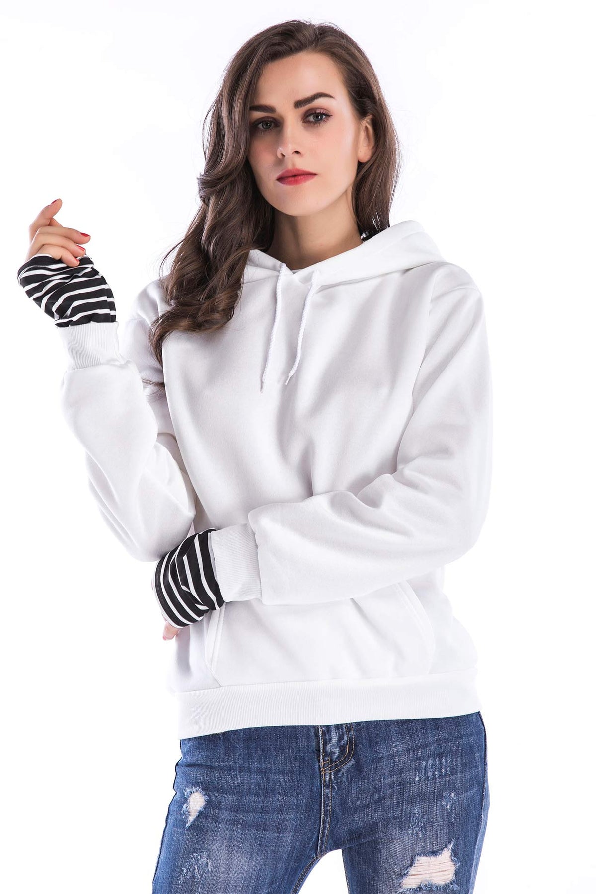 Black Striped Panel Drawstring Pullover Sweatshirt - Mislish