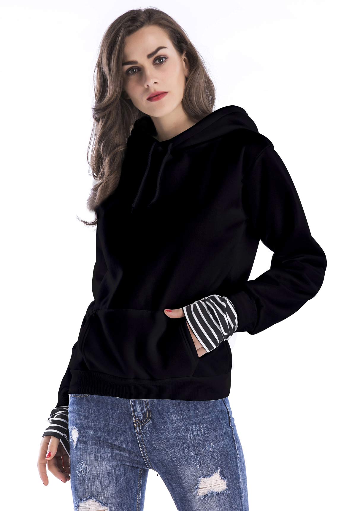 Black Striped Panel Drawstring Pullover Sweatshirt
