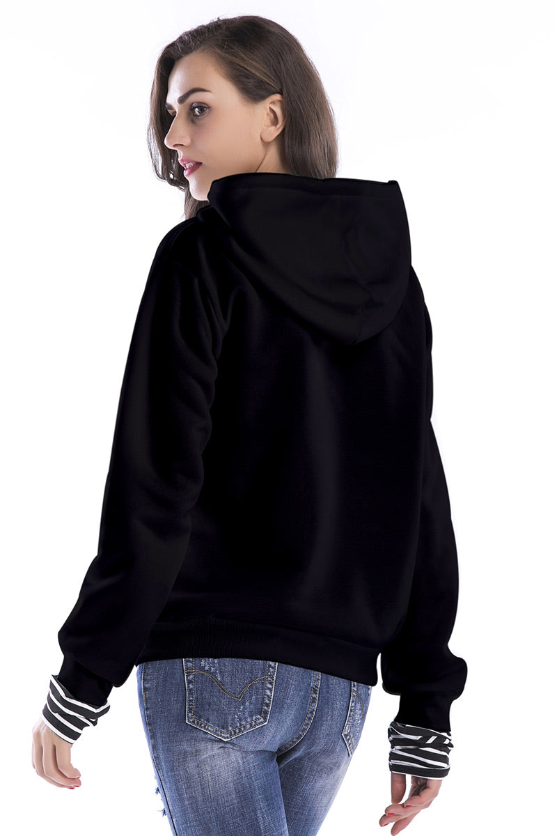 Black Striped Panel Drawstring Pullover Sweatshirt