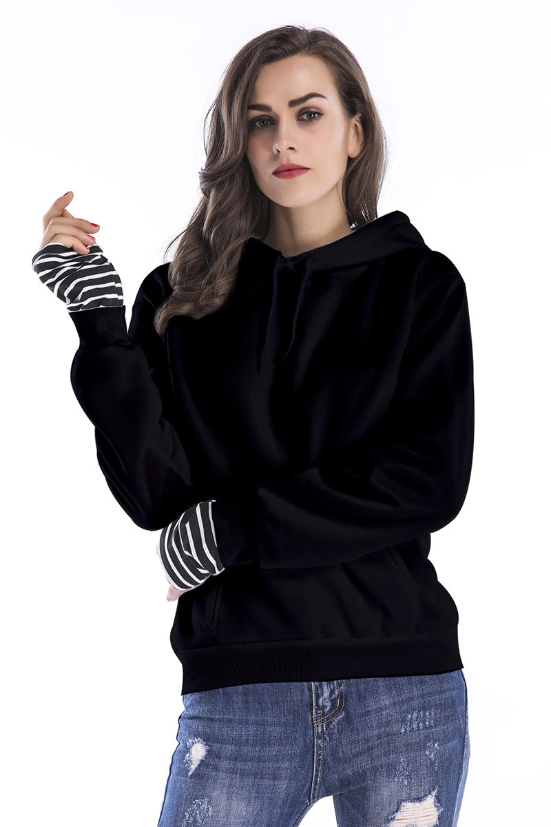 Black Striped Panel Drawstring Pullover Sweatshirt - Mislish