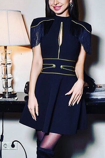 Black Tassel Trim Cutout Cocktail Dress - Mislish