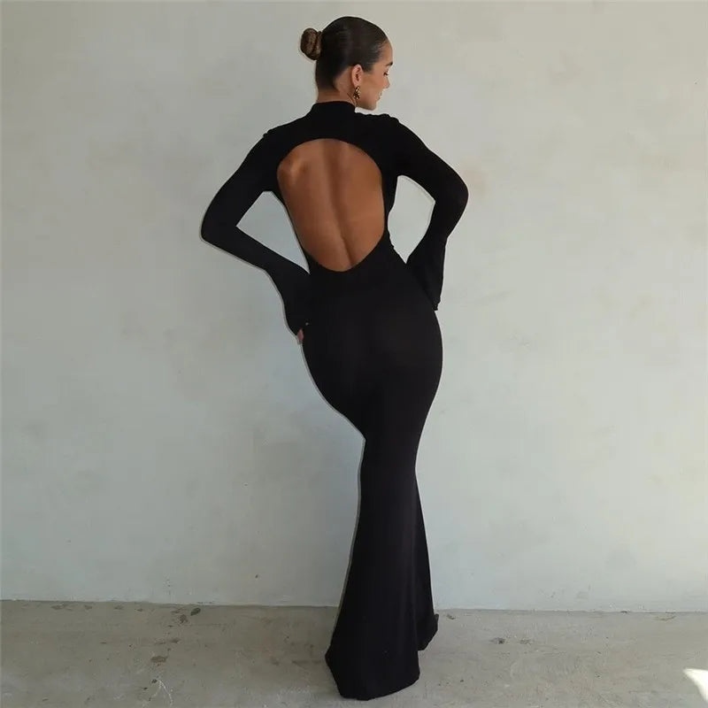 High-Neck Long-Sleeve Open-Back Mermaid Maxi Dress