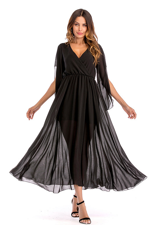 Black V Neck Slit Sleeve Chiffon Maxi Dress - Mislish