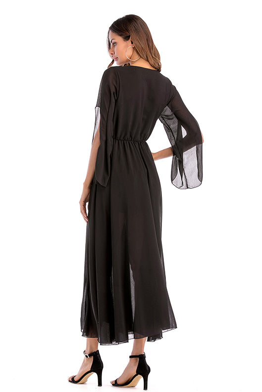 Black V Neck Slit Sleeve Chiffon Maxi Dress