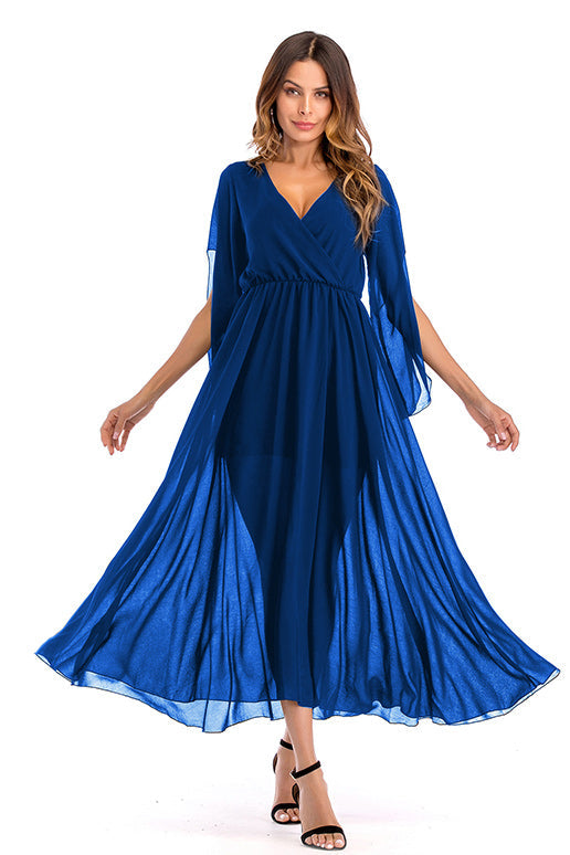 Black V Neck Slit Sleeve Chiffon Maxi Dress - Mislish