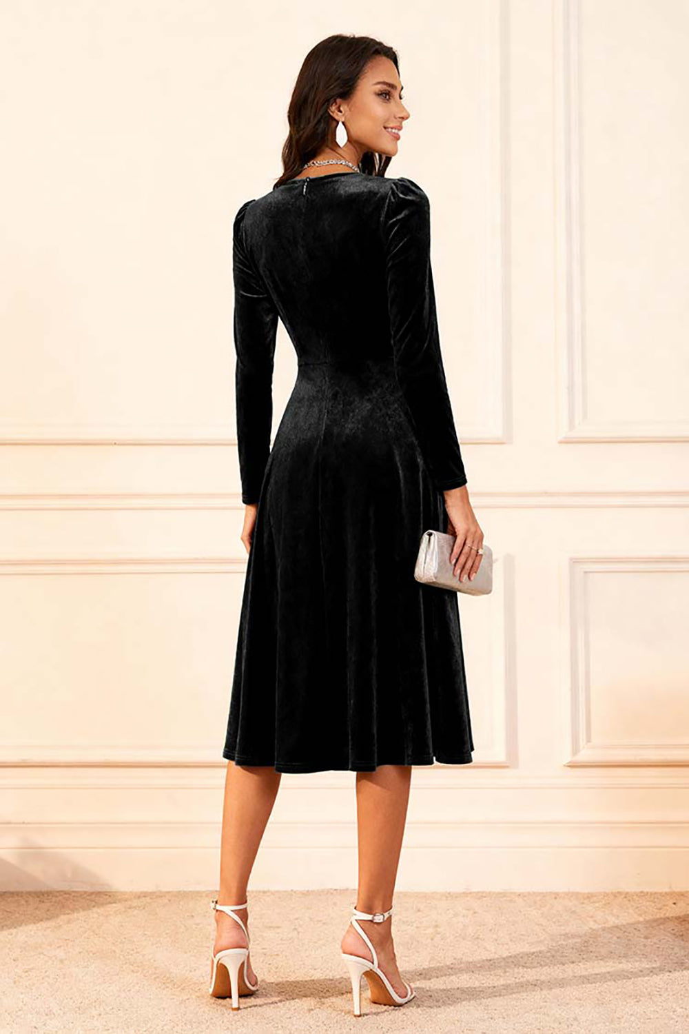 Dark Green A Line Velvet Midi Glitter Holiday Party Dress with Sleeves