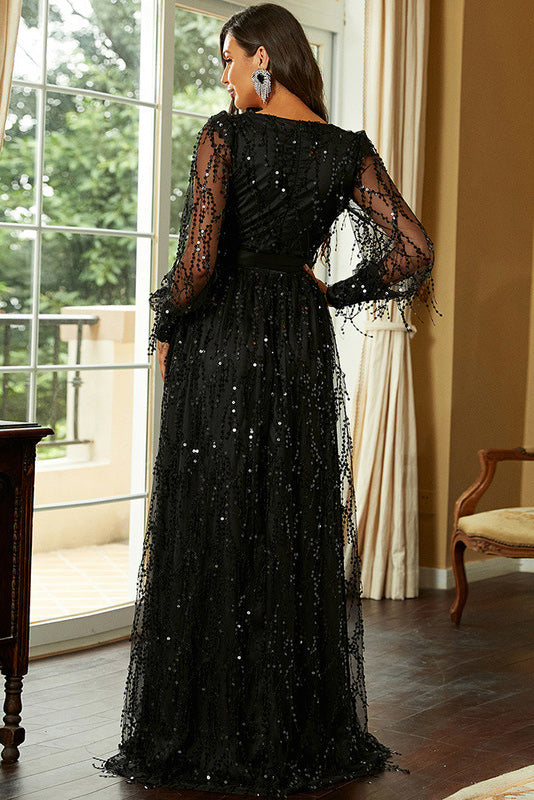 Sequin Plunge V-Neck Long Sleeve High Slit Maxi Gown 3