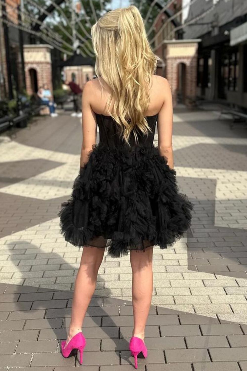 Black A-Line Strapless Short Tulle Homecoming Dress With Ruffle - Fashionpara