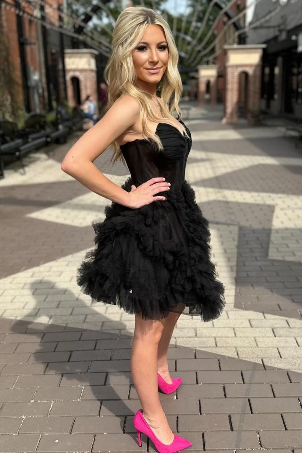 Black A-Line Strapless Short Tulle Homecoming Dress With Ruffle - Fashionpara