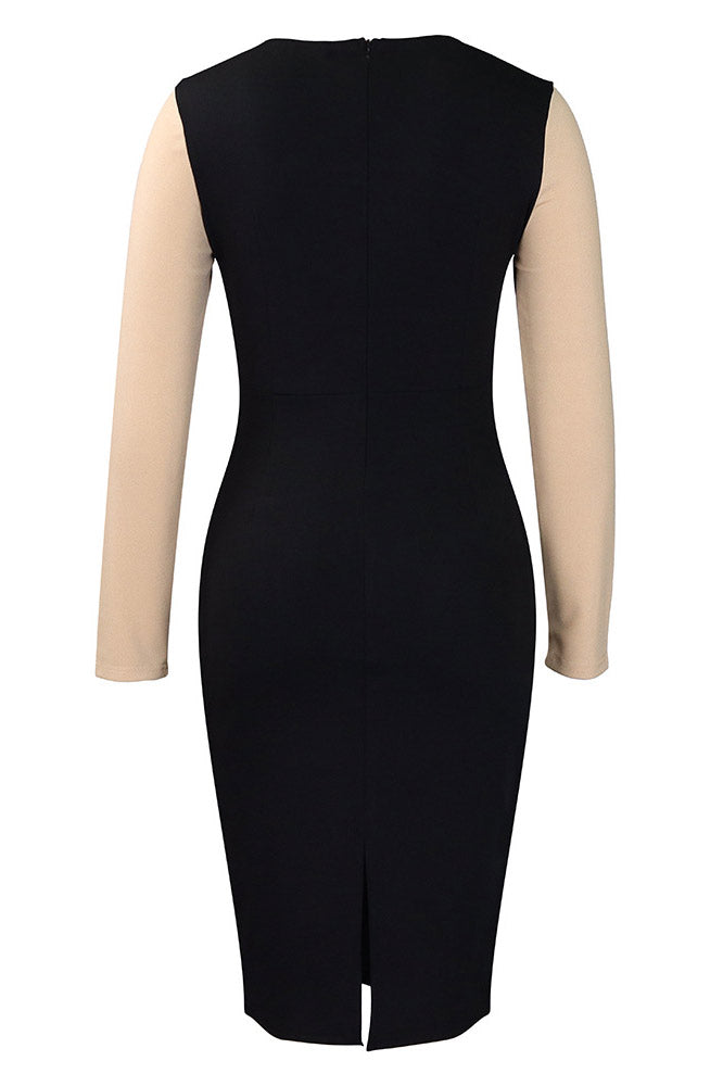 Contrast Panel Round Neck Long Sleeve Bodycon Midi Dress