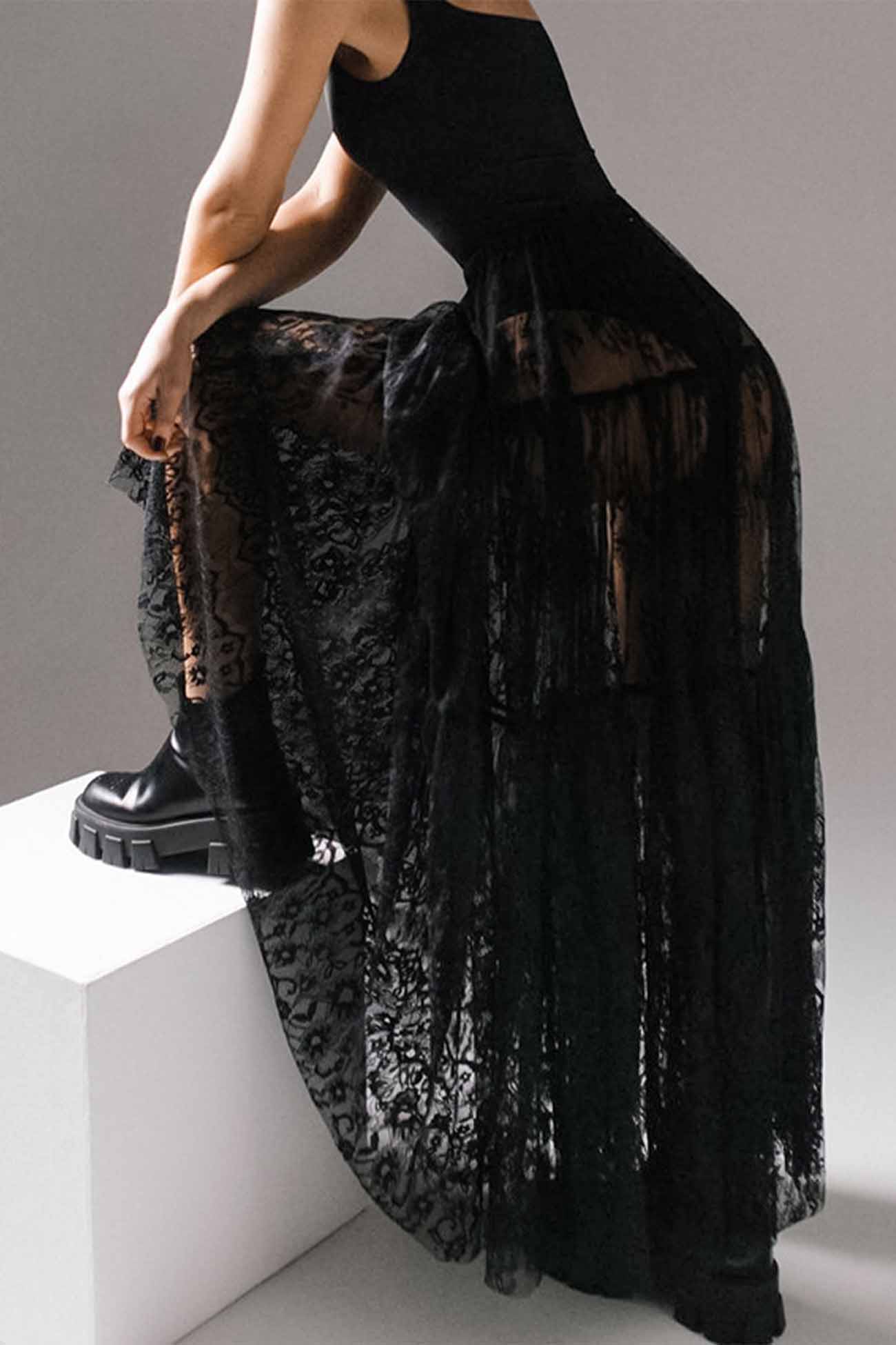 Black Floral Sheer Lace Skirt