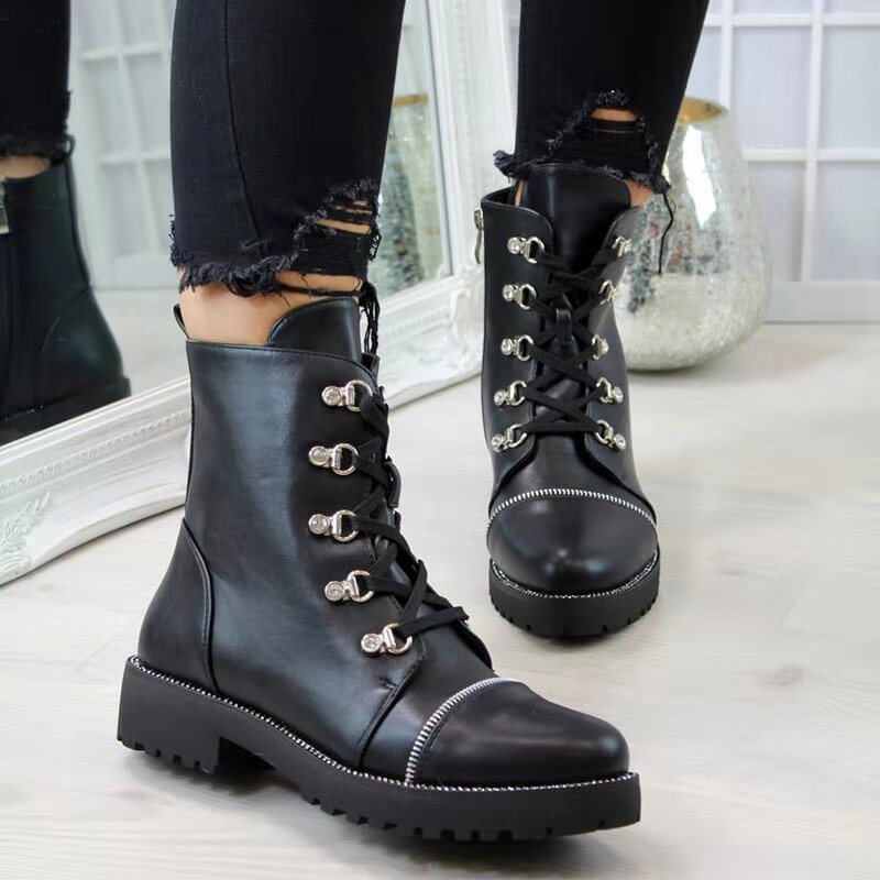 Black Lace-up Combat Boots With Zipper - Mislish