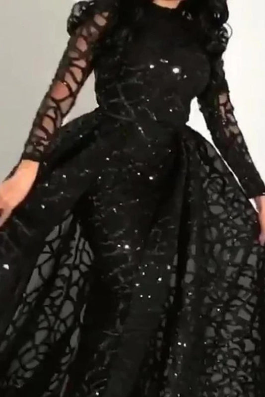 Sequin Lace High Neck Long Sleeve A-Line Gown
