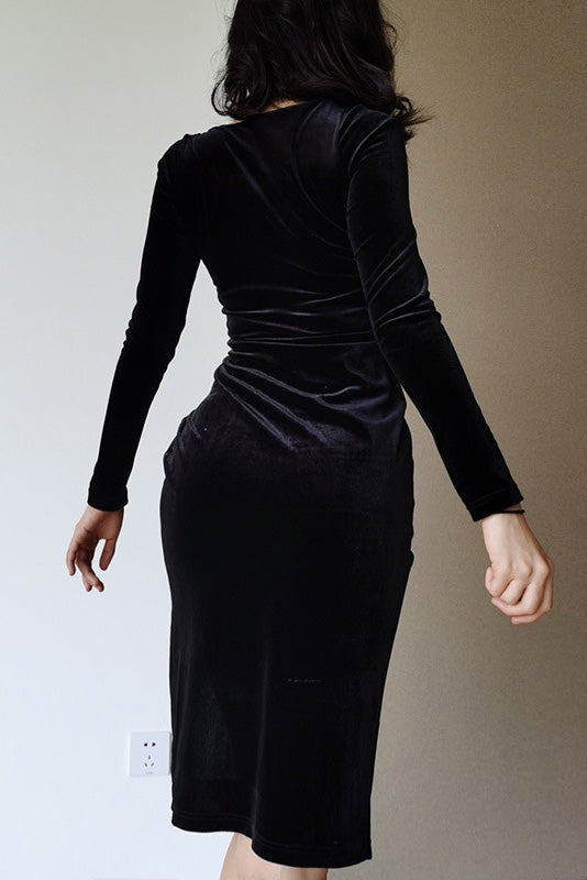 Black Long Sleeve High Split Cocktail Party Dress
