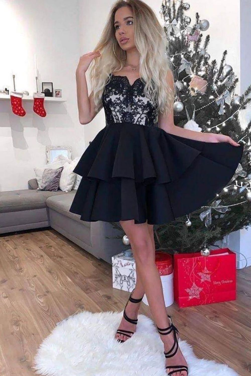 Black Short Mini Homecoming Dress With Applique