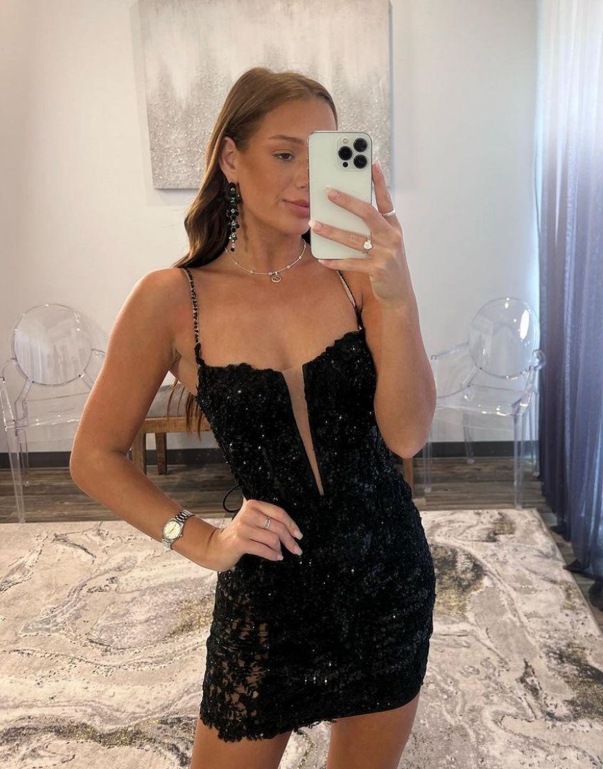 Black Spaghetti Straps Lace Up Short Glitter Homecoming Dress - Fashionpara