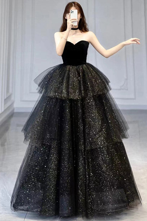 Glitter Tulle Sweetheart Strapless Tiered Ball Gown