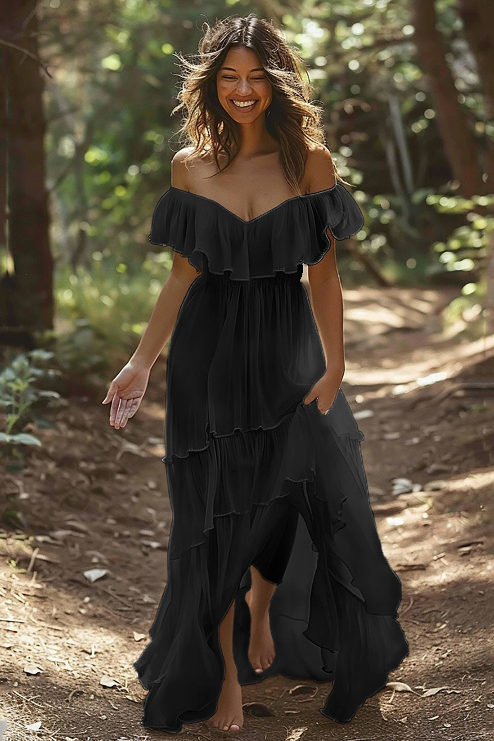 White Chiffon Off the Shoulder Tiered Boho Sweep Train Wedding Dress